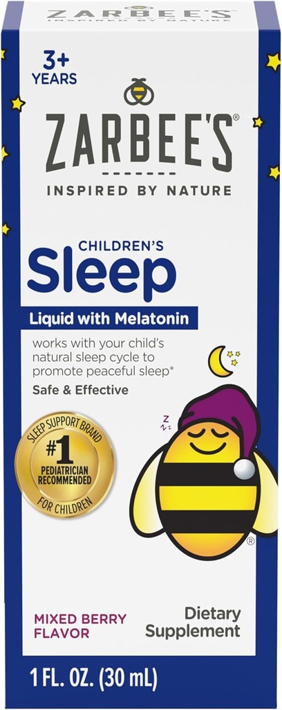 Zarbee's Kids Melatonin Sleep Supplement Liquid, 1mg Melatonin, Drug-Free & Effective, Easy to Take Natural Berry Flavor for Kids Ages 3 and Up, 1 Fl Oz Bottle