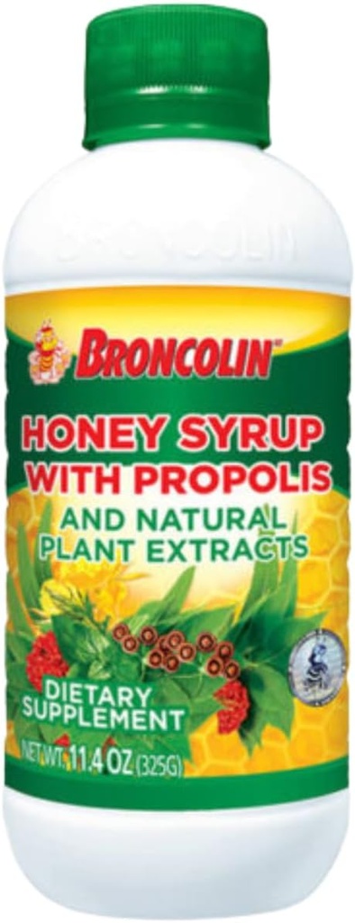 Broncolin Honey Syrup with Propolis, Syrup with Natural Plant extracts to Refresh Your Throat, Natural Ingredients, Elderberry, Eucalyptus, Peppermint Oil, 11.4 Oz, Bottle