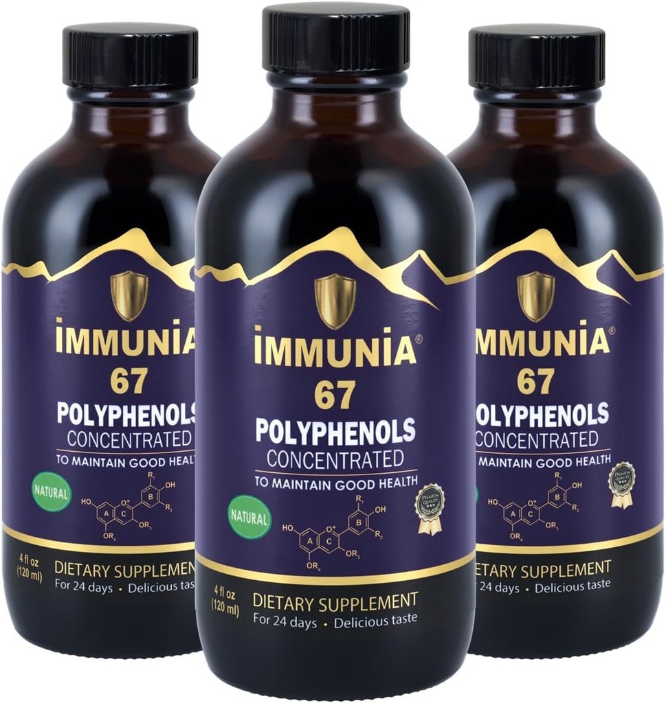 Immunia 67 Polyphenols - Elderberry Concentrate & Antioxidant Fruits. Suplemento Antioxidante Premium con 67 polifenoles (Anthocyanins, Quercetin, Resveratrol, etc.) Suministro de 24 días por botella (3-Pack)