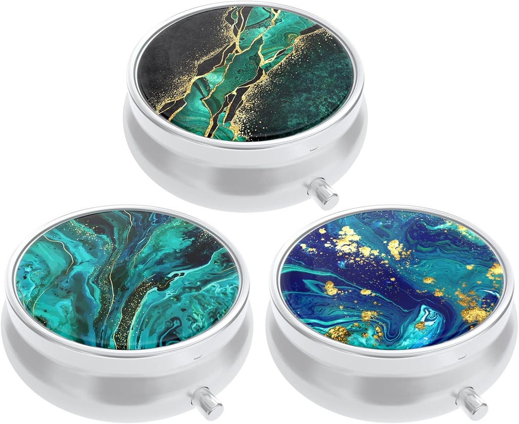 3 Pack Pill Box, Small Pill Case for Purse & Pocket, Cute Medicine Organizer Travel Pillbox, Portable Pill Container Holder to Hold Vitamins, Medication, Fish Oil &amp; Supplements, Teal Ocean Marble