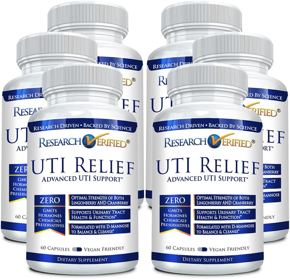 Investigación Relieve UTI Verificado - Suplemento de Apoyo a la Tract Orinaria - 100% Natural, Vegan con Lingonberry, Cranberry & D-Mannose - 6 Botella (6 Mes de Suministro)