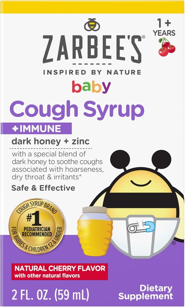 Zarbee's Baby Honey Cough Syrup + Immune for Babies 12-24 Months, Safe & Effective Cough Syrup with Soothing Dark Honey & Zinc for Immune Support*, Drug &amp; Alcohol-Free, Cherry, 2 fl. oz