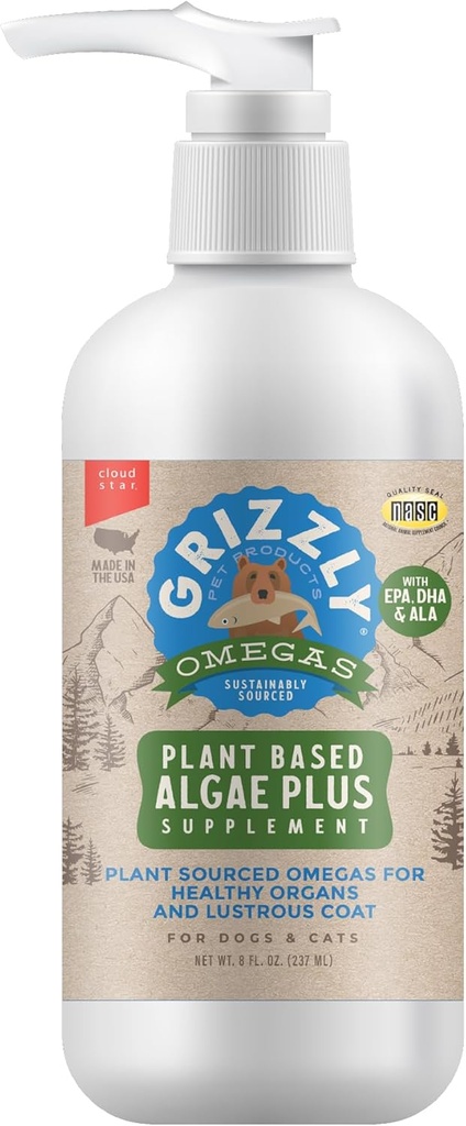 Grizzly Pet Products Algal Plus Omega 3-6-9 Suplemento alimenticio para perros y gatos, 8 Botella de onda