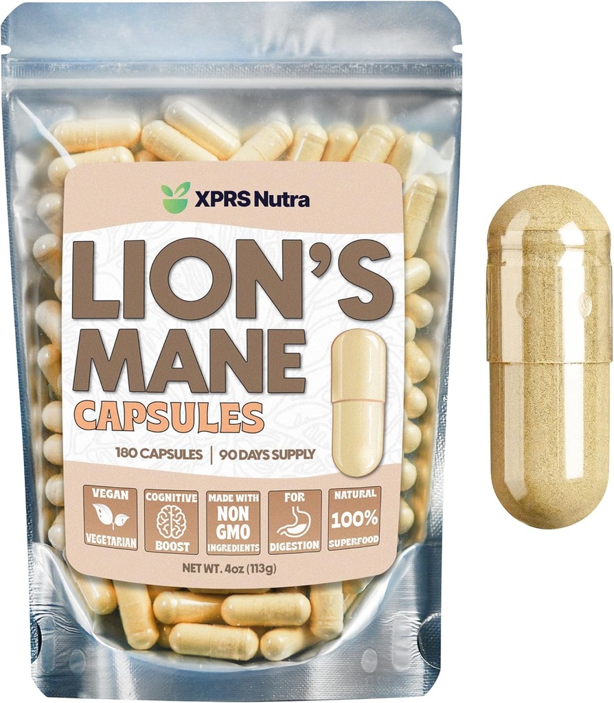 XPRS Nutra Organic Lions Mane Supplement Capsules - 180 Conde (90 Day Supply) de las capas Mane Mane de León Premium para la Claridad Mental, Cognición e Inmunity Lions Mane Powder Capsules