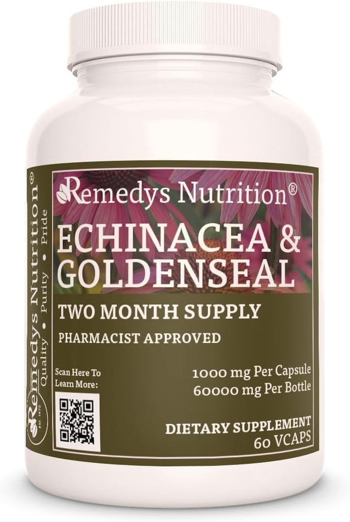 Remedy’s Nutrition Echinacea & Goldenseal  1,000mg, 60 Vegan Capsules Herbal Suplemento dietético  Two Month Supply