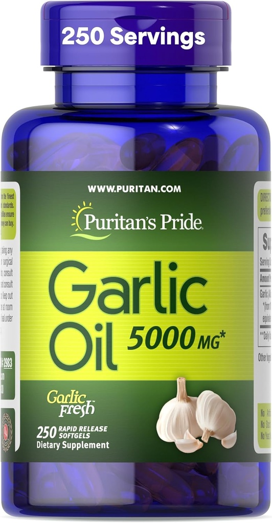 Pride de Puritan Premium Ajo Fresco 5000mg, Suplemento dietético tradicional para la salud del corazón y la circulación Apoyo con propiedades antioxidantes, 250 Rapid Release Softgels