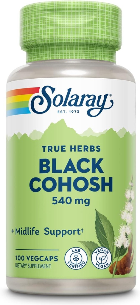 SOLARAY Black Cohosh 540 mg  Womens Health &amp; Menopause Support Suplemento  Whole Root ← Non-GMO, Vegan &amp; Lab Verified ← 100 VegCaps