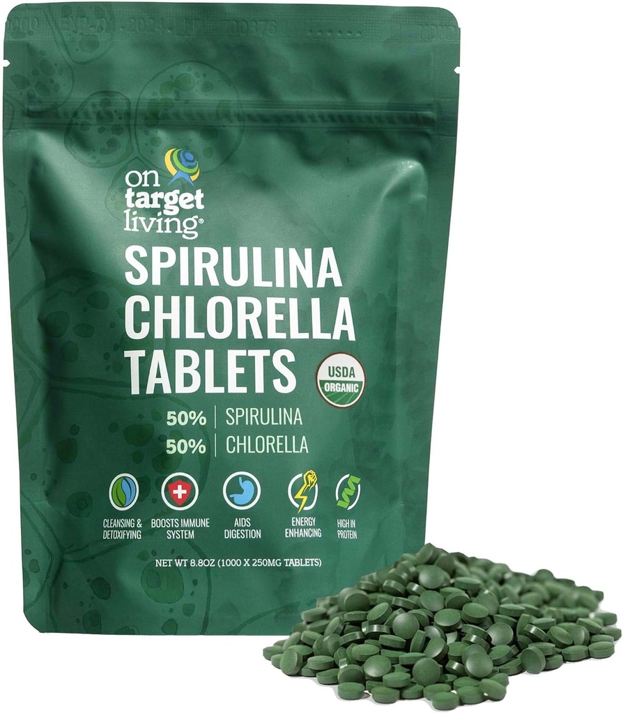 On Target Living Organic Spirulina Chlorella ← Supergreens Silencio USDA Orgánica tención 1000 Tablets - 250 G (8.8 oz) Silencio Vegan Silencio Immune Apoyo Silencio Alkalyzing ← Nutrient Dense ← Protein Dense