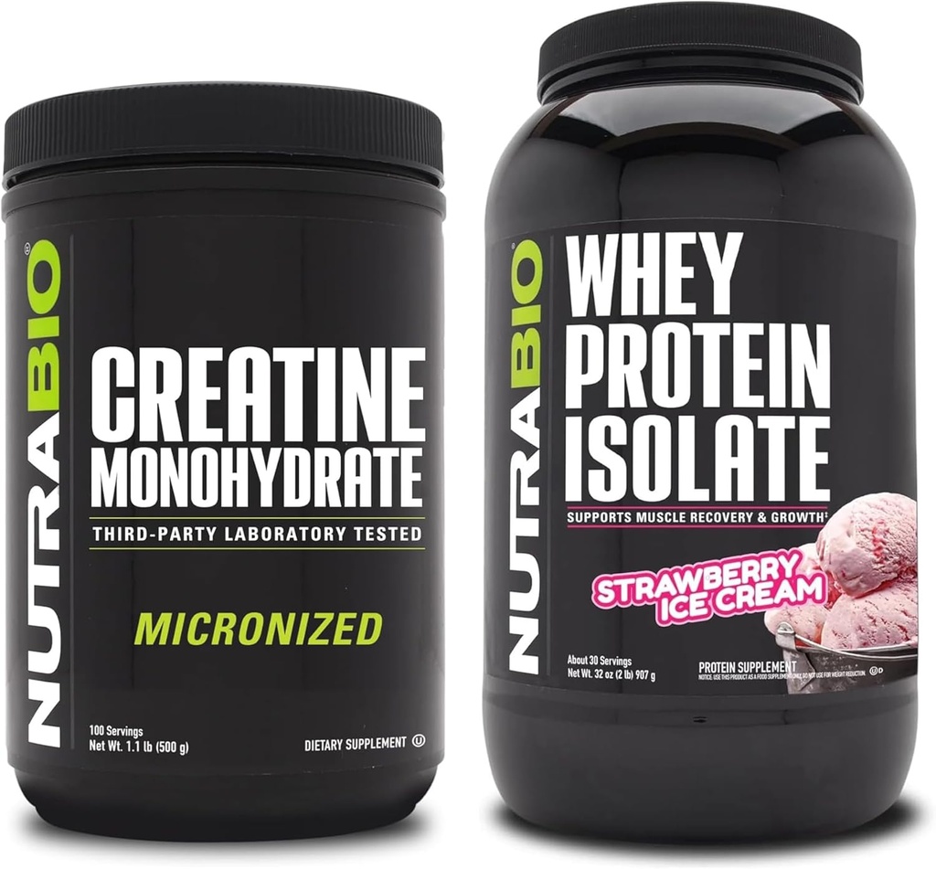 NutraBio Creatine Monohydrate, Unflavored, 500g and Whey Protein Isolate, Strawberry Ice Cream, Suplemento Bundle - Muscle Energy, Lean Muscle Growth, Recovery, and Strength