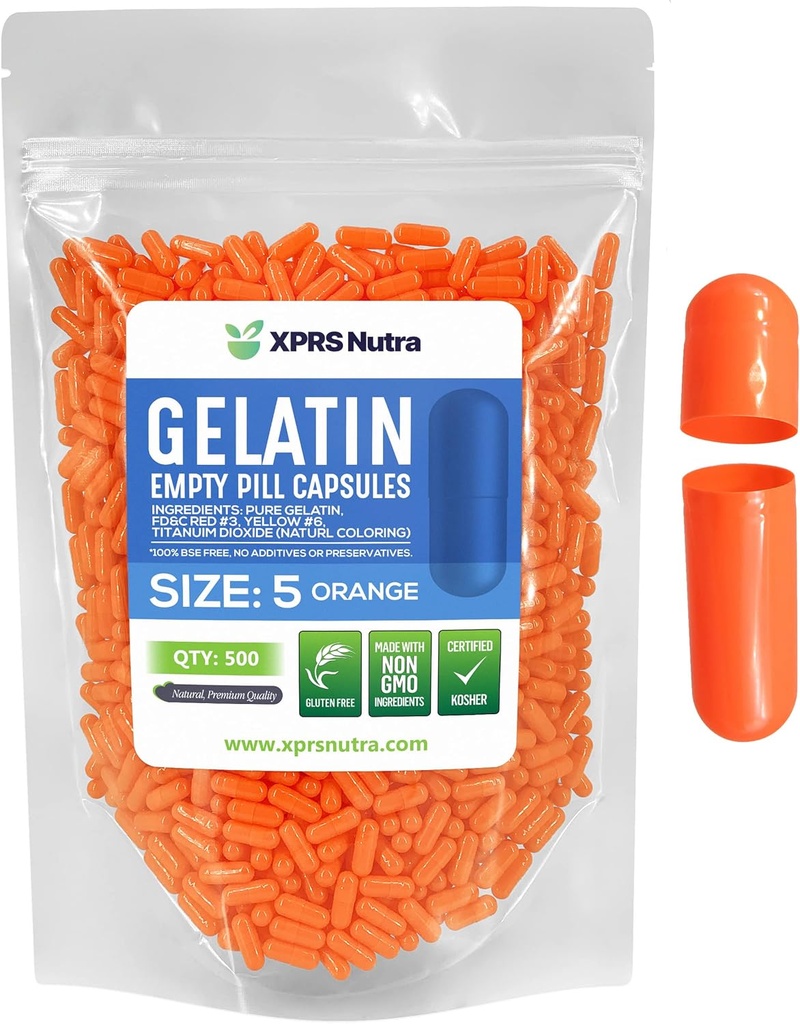 XPRS Nutra Size 5 Empty Capsules - 500 Cuentas Muy Pequeñas Gelatina Capsules - Pills DIY Capsule Filling - Fillable Pill Gel Caps for Do-It-youself Vitamin Supplements (Orange)