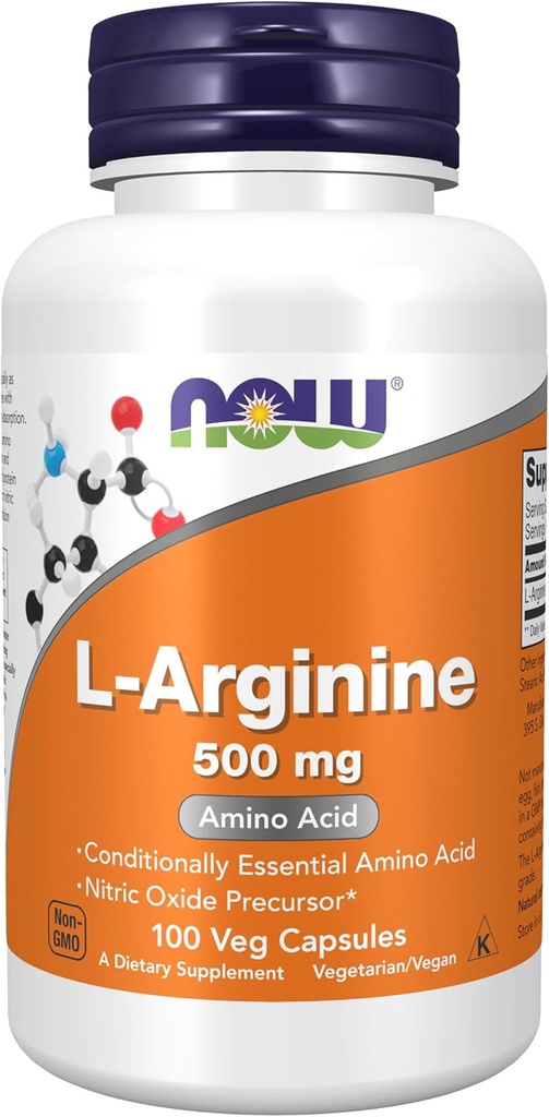AHORA Suplementos de alimentos, L-Arginina 500 mg, Nitric Oxide Precursor*, Aminoácidos, 100 cápsulas de veg