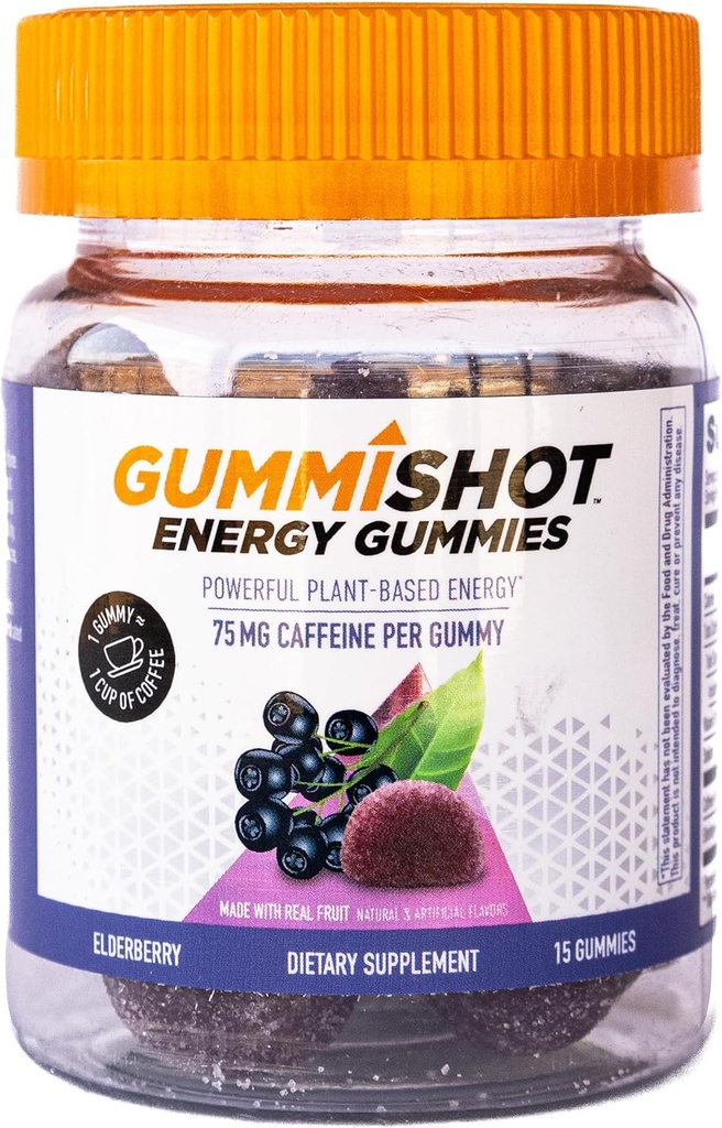 GummiShot Energy Gummies, 1125 mg of Plant-Based Caffeine Chews per Bottle, Long Lasting Energy Boosters, Elderberry (15ct)