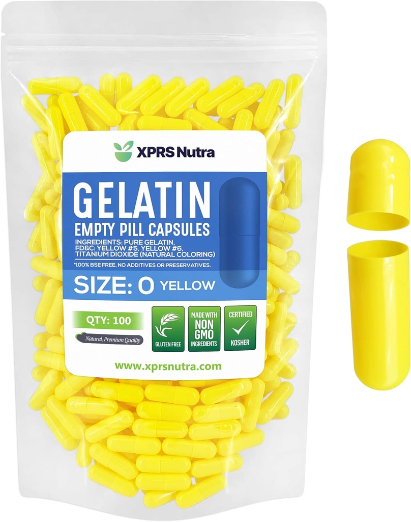 XPRS Nutra Size 0 Empty Capsules - 100 Conde Empty Gelatin Capsules - Pills DIY Capsule Filling - Pure Bovine Pill Gel Caps for Do-It-youself Supplements (Yellow)
