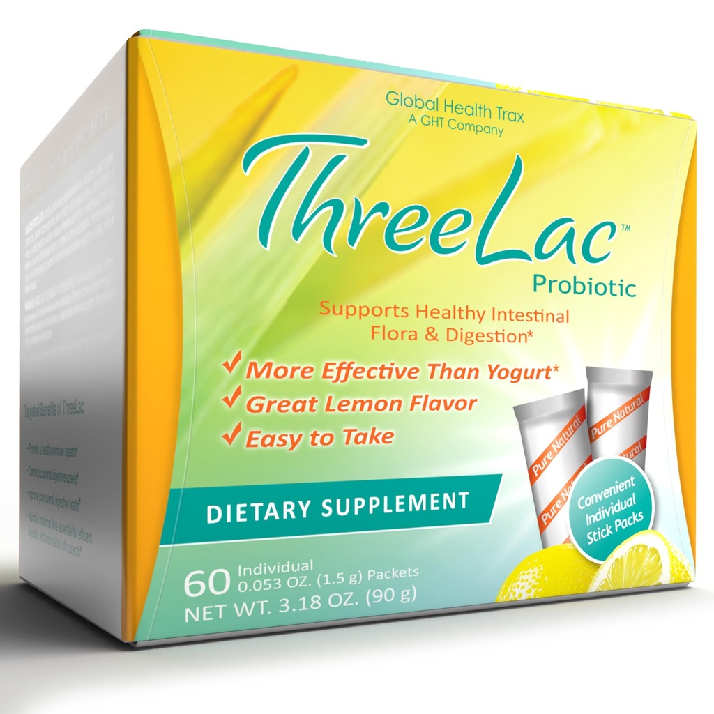 Global Health Trax GHT - ThreeLac Lemon Probiotic Drink Mix for Digestive Health - Advanced Probiotic Powder Formula for Hombre, Mujer - Immune Support " Gut Balance, Non-GMO - 60 Packets