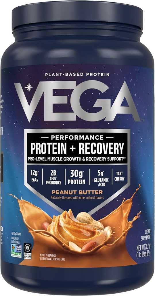 Vega Sport Vegan Protein Powder + Recuperación - 30g Proteína basada en plantas por Serving, Mantequilla de maní, 19 Servings, 5g BCAAs, Probióticos, NSF Certified, Para Shakes & Smoothies, 1.8lbs (Paquete May Vary)