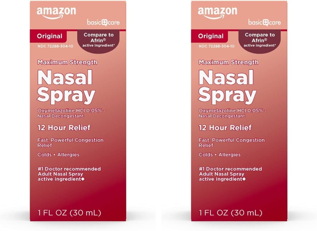   Basic Care Maximum Strength 12 Hour Nasal Spray, Oxymetazoline HCl Solution, Congestion Relief, Cold and Allergy Medicine, Decongestant, 1 Fl Oz (Pack of 2)