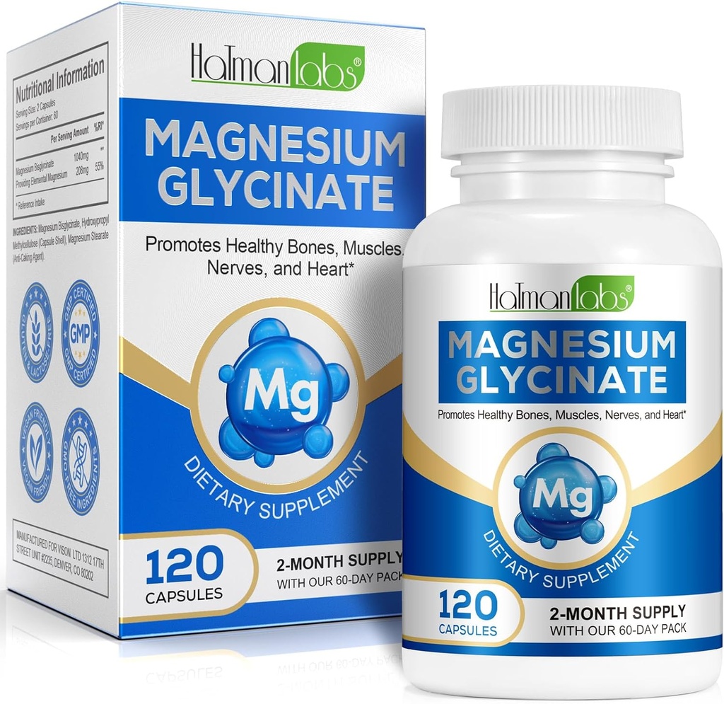 Glycinate de magnesio puro, Magnesio de alta absorción, Suplemento de magnesio Admite Leg, Muscle, Nerve, Bone Health, 120 Magnesium Glycinate Capsules