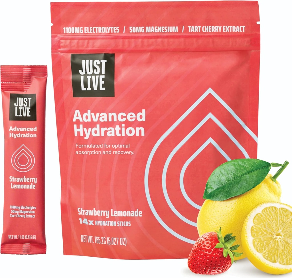 Just Live Advanced Hydration - Strawberry Lemonade, Electrolyte Drink Mix, Tart Cherry Extract, Supports Recovery " Absorption, Low Sugar, 14 Pack