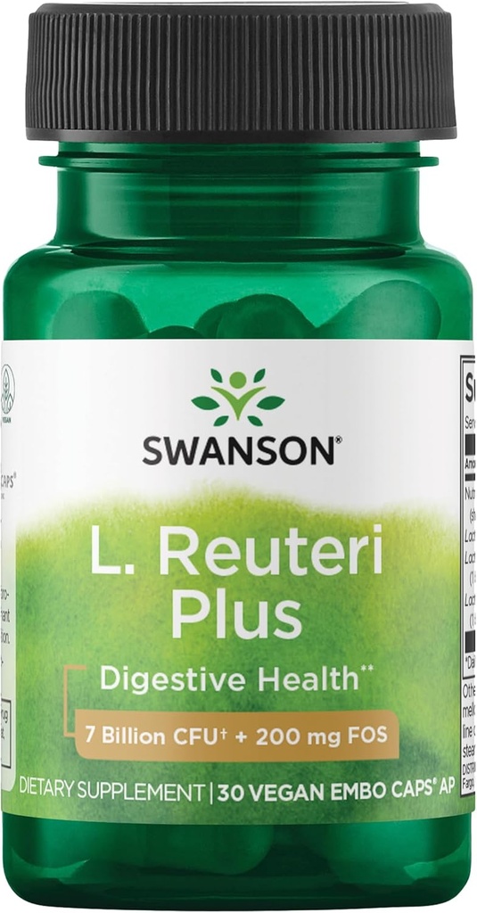 Swanson L. Reuteri Probiotic Plus w/L. Rhamnosus L. Acidophilus & FOS Prebiotic Digestive Support - Promotes Gut Health w/ 7 Billion CFU per Capsule - (30 Veggie Capsules)