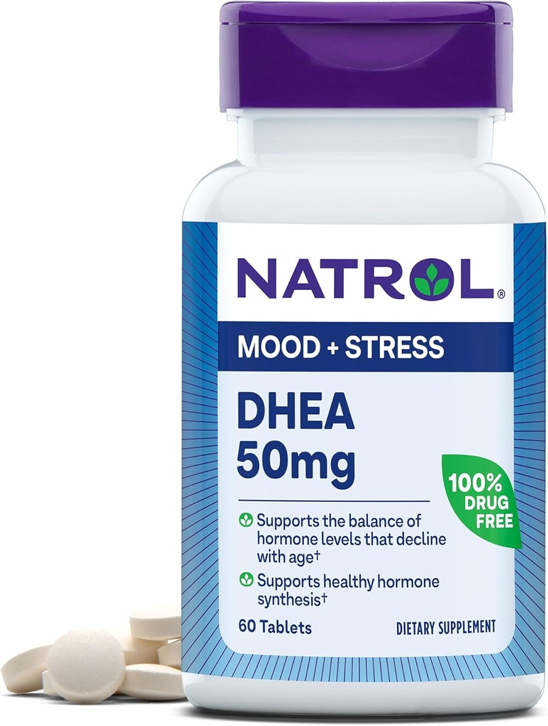 Natrol Mood & Stress DHEA 50mg con Calcio, Suplemento dietético para Equilibrio de Ciertos Niveles de Hormonas y Soporte de Mood, 60 Tablets, 60 Day Supply