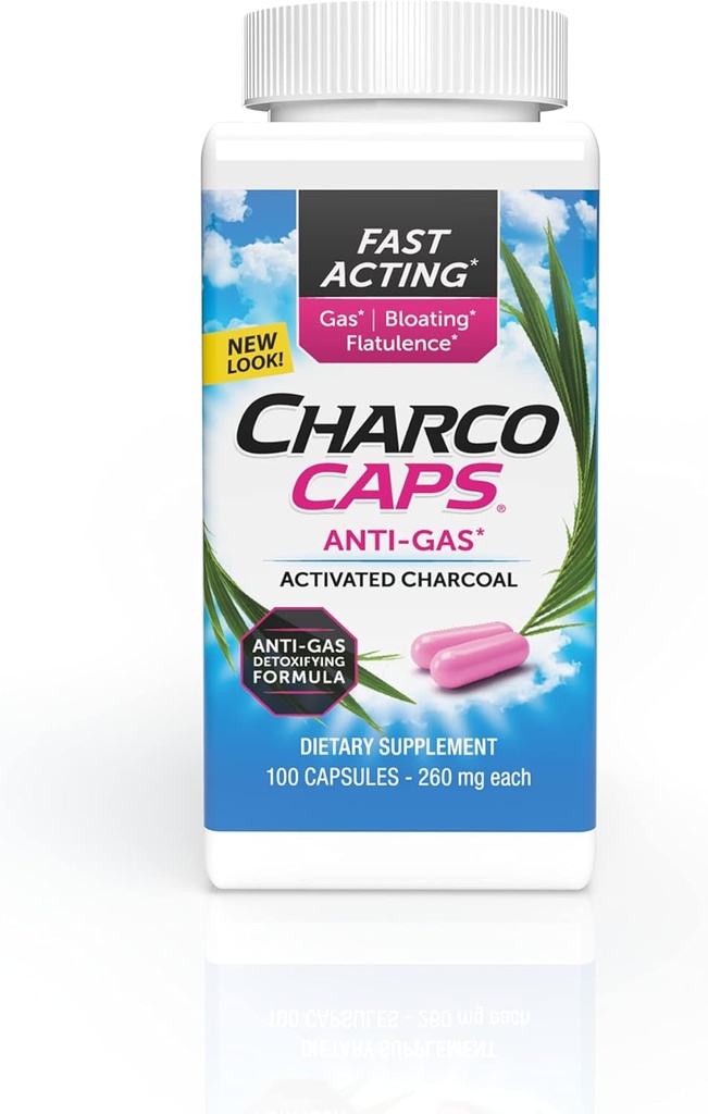 Charcocaps Fast Acting Gas Relief for Bloating & Flatulence, Drug Free Detoxifying Activated Charcoal Formula, 100 Capsules, 30 Day Supply, Pink