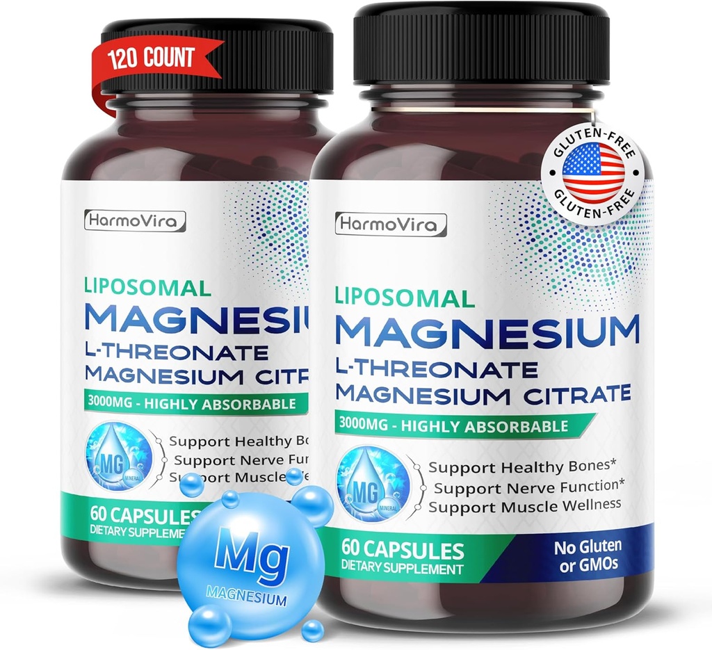 Liposomal Magnesium L-THREONATE Magnesium Citrate - Soporte Huesos saludables, Nerve y Muscle Wellness - 40-Day Supply - Made in The USA