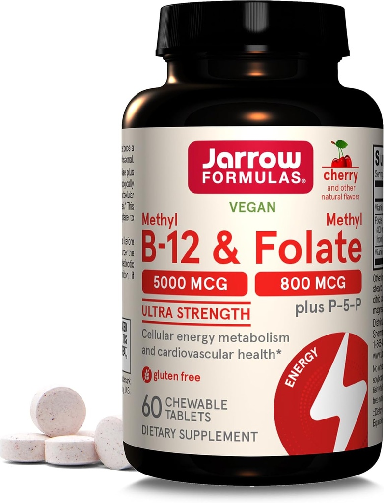 Jarrow Formulas Methyl B-12 & Methyl Folate - 60 Chewable Tablets, Cherry - Bioactive Vitamin B12 &amp; B9 - Apoya la producción de energía, Función cerebral &amp; Metabolismo - Gluten Free - 60 Servings