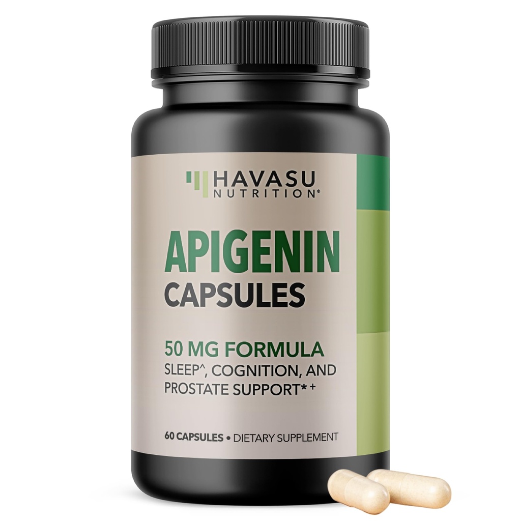 Apigenin Capsules 50mg - 60 Count, Vegan, Non-GMO, Sleep & Cognitive Support Supplement - Chamomile Flavonoid for Relaxation, Prostate Health, Melatonin-Free, Liposomal Formula for Enhanced Absorption