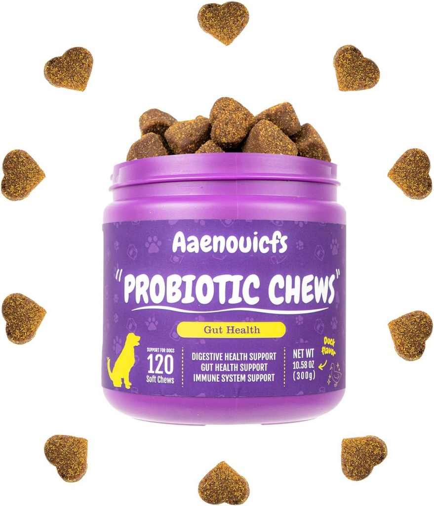 Probiotics for Dogs，Dog Probiotics and Digestive Enzymes，Health and Immune Support. Relieves Constipation, Bad Breath, Flatulence and Upset Stomach. Veterinarian Developed,120 Chews, Duck Flavor.