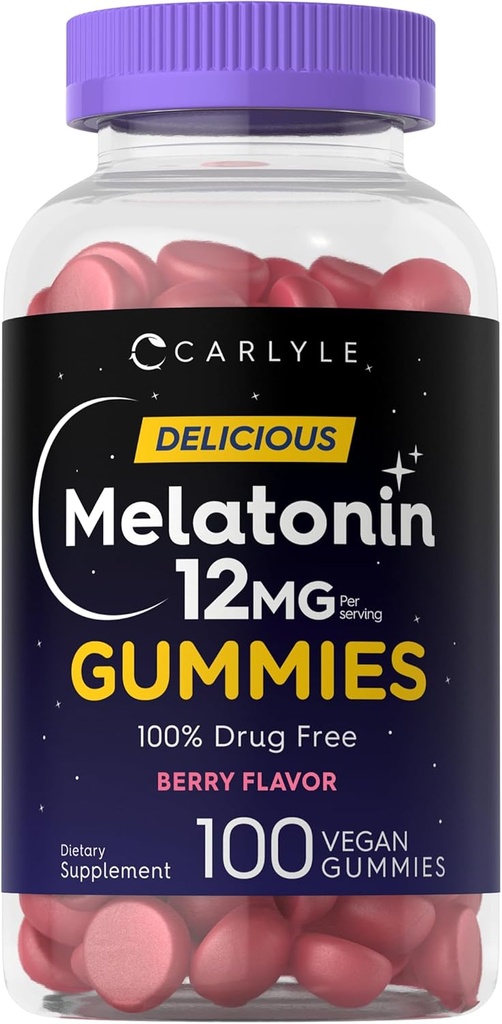 Carlyle Melatonin Gummies 12mg tención 100 Conde ← Berry Flavor ← Vegan Suplemento No GMO, Gluten Free