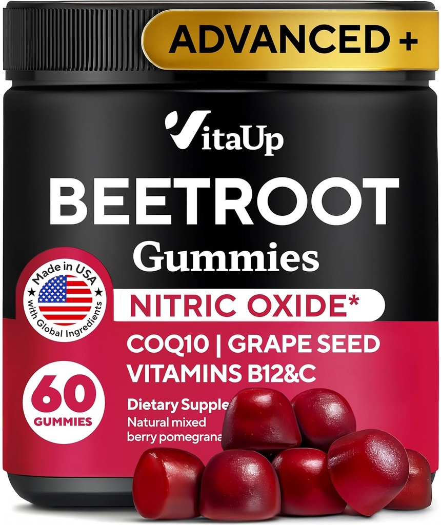 Gotas de remolacha – Gummies de remolacha – Suplementos de remolacha roja con remolacha, semillas de uva, coq10, vitamina C &amp; B12 – 60 cerdas de remolacha