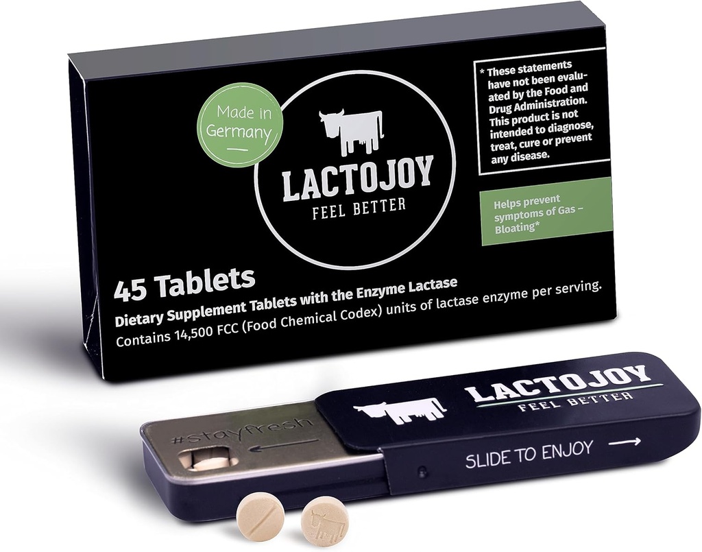 LactoJoy Lactase Pills 14,500 I 45 Piezas I Potente Enzymes Lactase para la Intolerancia Lactosa I Ultra Pure Lactase para la mejor Digestión No Silicon Dioxide, Sin Sabores Artificiales, No Sucralosa