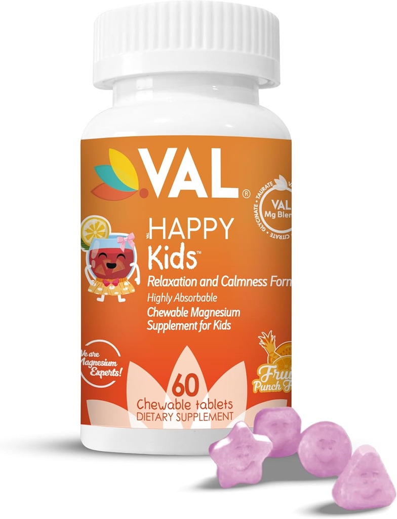 Magnesio de VAL para niños TENIDO Magnesio de alta absorción para calma, relajación " Enfórmese en Mg Glycinate, Citrate " Taurate TENIDO con Vitamina B6, D " C TENIDO Sin azúcar, sin azúcar TENIDO 60 Tabletas Chewable