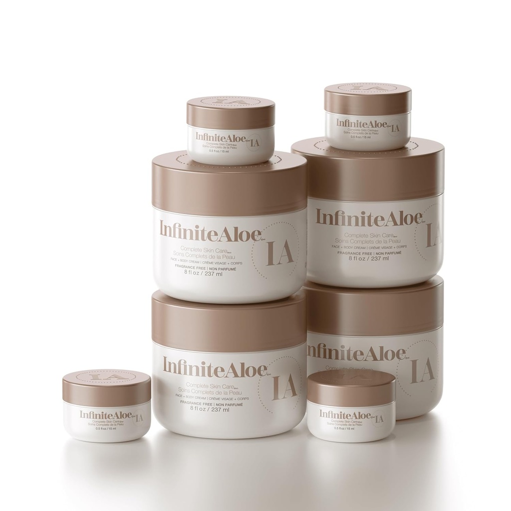 InfinitoAloe Cuidado completo de la piel, Aloe Vera Powered Face and Body Cream for Dry Skin Relief, Fragrance Free - 4 Grande Jar 8 oz & 4 Travel Jar 0.5 oz