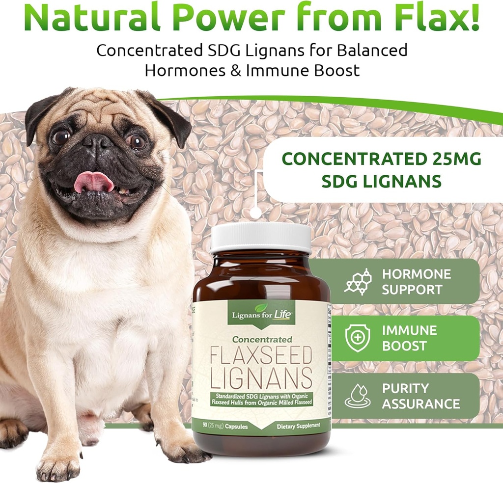 Lignans for Life Flaxseed Lignans for Dogs + SDG - Omega 3 Fatty Acids, High Fiber Antioxidants - Ayuda a mejorar Shiny Coat, Digestive & Heart Health Seed for Dogs, 90 Flaxseed Capsules, 2 Pack