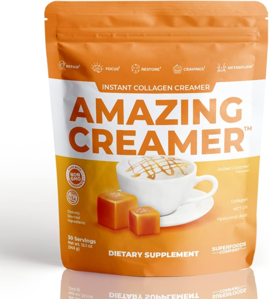 Superfoods Company Amazing Creamer with Collagen - Keto Creamer-Hyaluronic Acid &amp; MCT Oil - Brain Boost &amp; Curbs Cravings - Supports Healthy Skin & Hair - Diet-Friendly [30 Servings] [Salted Caramel]