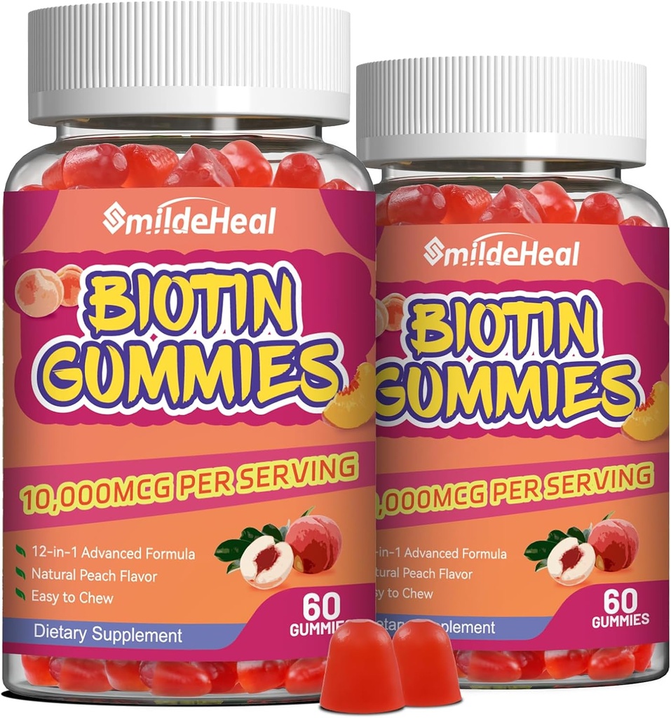 2 Pack Biotina Gummies for Hair Growth 10000 mcg, Hair Skin and Nails Gummy with Folic Acid, Vitaminas A, B, C, E &amp; D, Vegan biotin Vitaminas para Mujeres &amp; Hombres, 120 Gummies