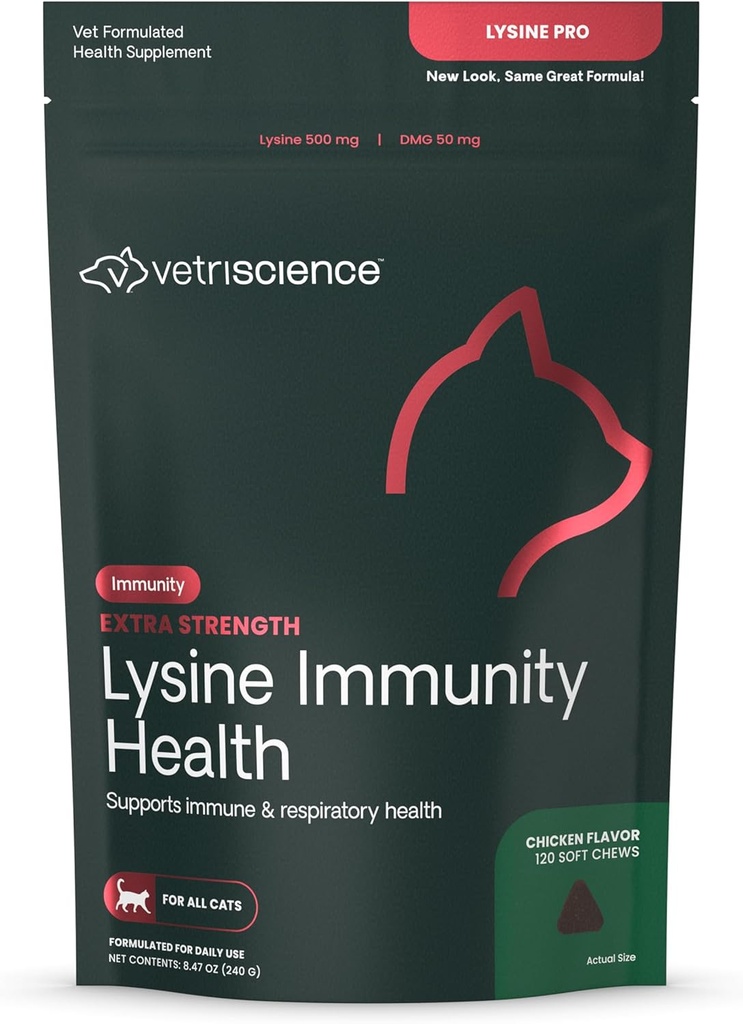 VETRISCIENCE Extra Strength Lysine Immunity Health Chews - Immunity Supplement for Cats of All Ages - Supports Immune Function, Eye Health & Cardiovascular Function - 120 Count