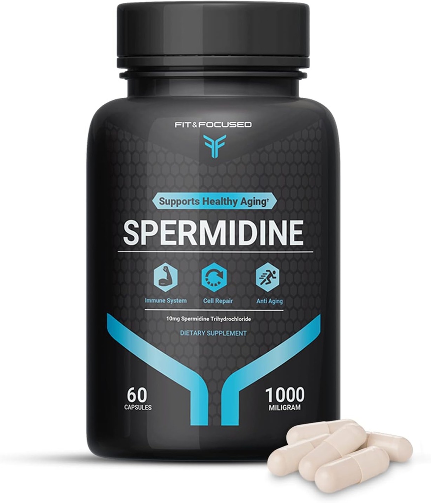 Fit ' Focused Spermidine Wheat Germ Extract - Spermidine Supplements (10mg de 99% Concentrated Spermidine, 1000mg Equivalent of Organic Fermented Wheat Germ Oil), 60 cápsulas