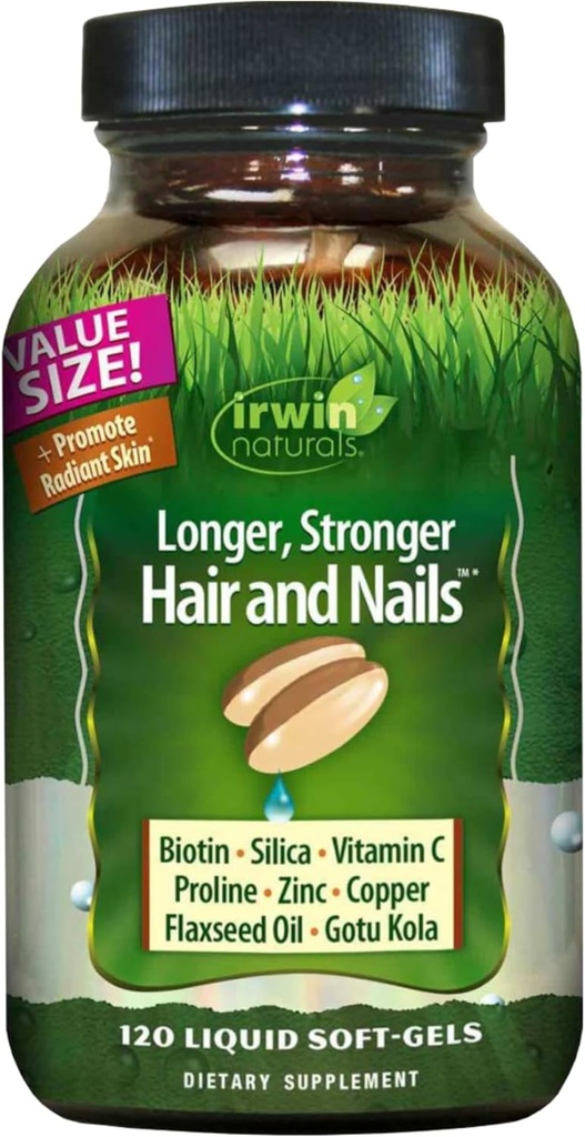 Irwin Naturals Más largo, más fuerte cabello y uñas - 120 Liquid Softgels - promueve Vibrant Shine Texture & Strength - 60 Total Servings