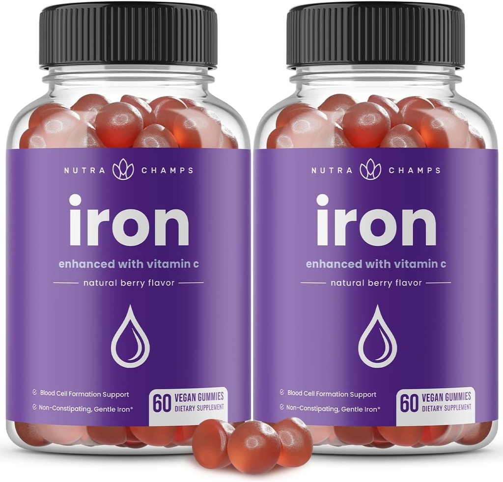 NutraChamps Iron Gummies con Vitamina C, 20mg Iron Blood Cell Formation Support, 120 Gummies for Iron Deficiency & Anemia, Energy, Focus, Immune Boost Pack of 2