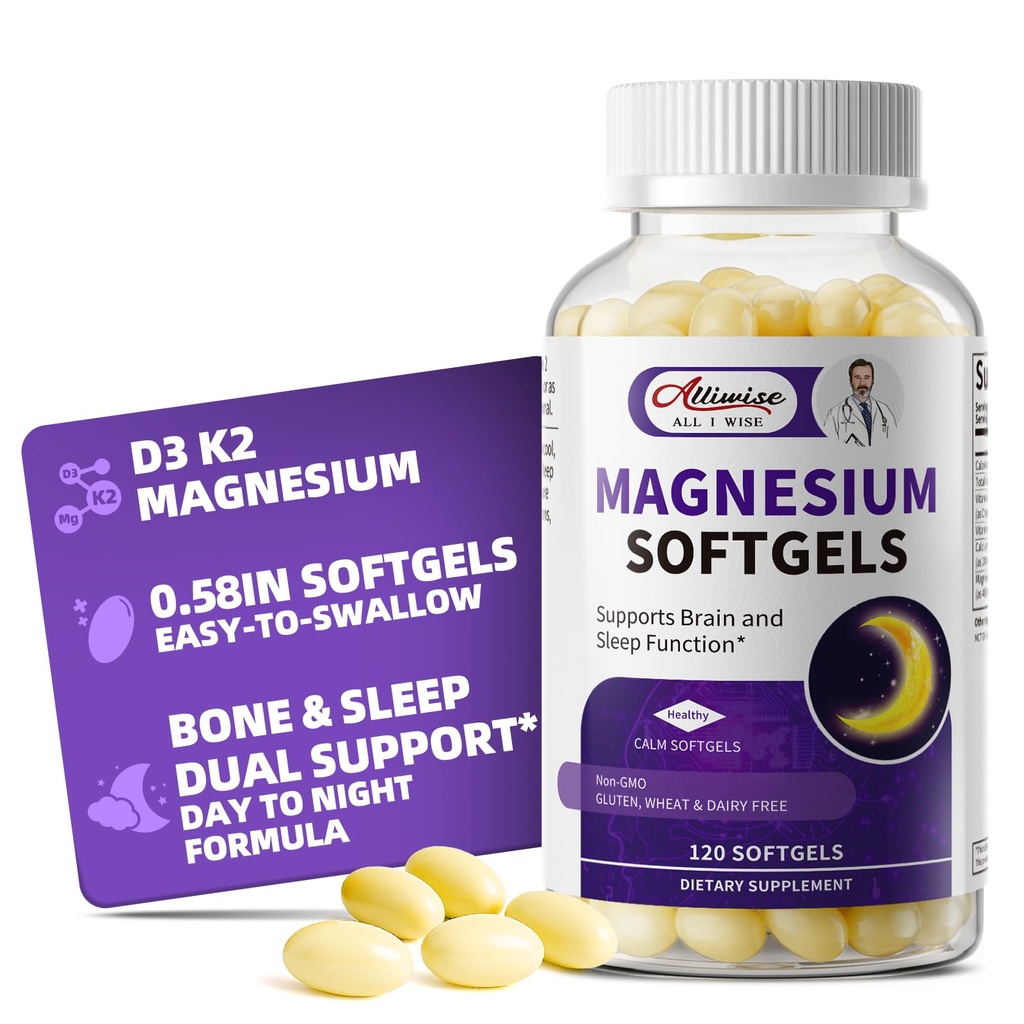 Magnesio Glycinate 400mg Softgels,Pequeña, Smooth Capsules, Gentle on Stomach,with Vitamina D3 &amp; K2 para el sueño,Relax,Muscle,Bone Health