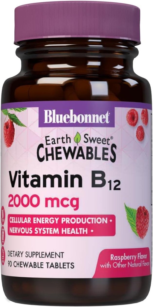 BlueBonnet Nutrition Earth Sweet Vitamin B12 2000 mcg Chewable Tablets, Soy-Free, Kosher Certified, Dairy-Free, Vegan, Raspberry Flavored, 90 Chewable Tablets, 90 Servings
