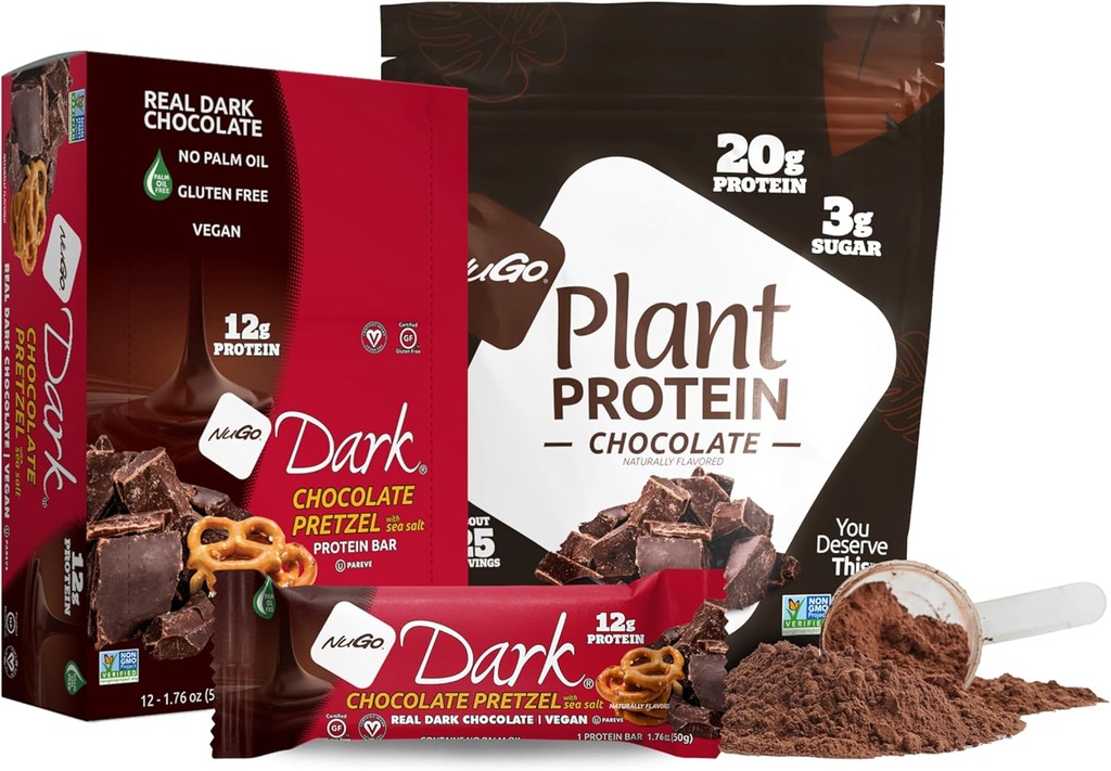 NuGo Dark Chocolate Pretzel w/SS, 12g Vegan Protein, Gluten Free, Kosher Pareve, Non-GMO, 12 Conde y NuGo Planta Proteína Polvo, Chocolate, 20g Protein, 3g Azúcar, 25 Serviciones