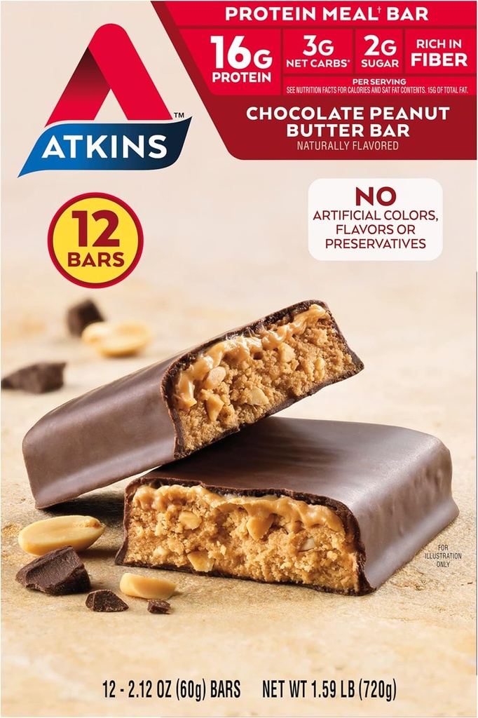 Atkins Chocolate Peanut Butter Protein Meal Bar, Alto Fiber, 16g Protein, Bajo Sugar, 3g Net Carb, Low Carb, Keto Friendly, 12 Cuenta