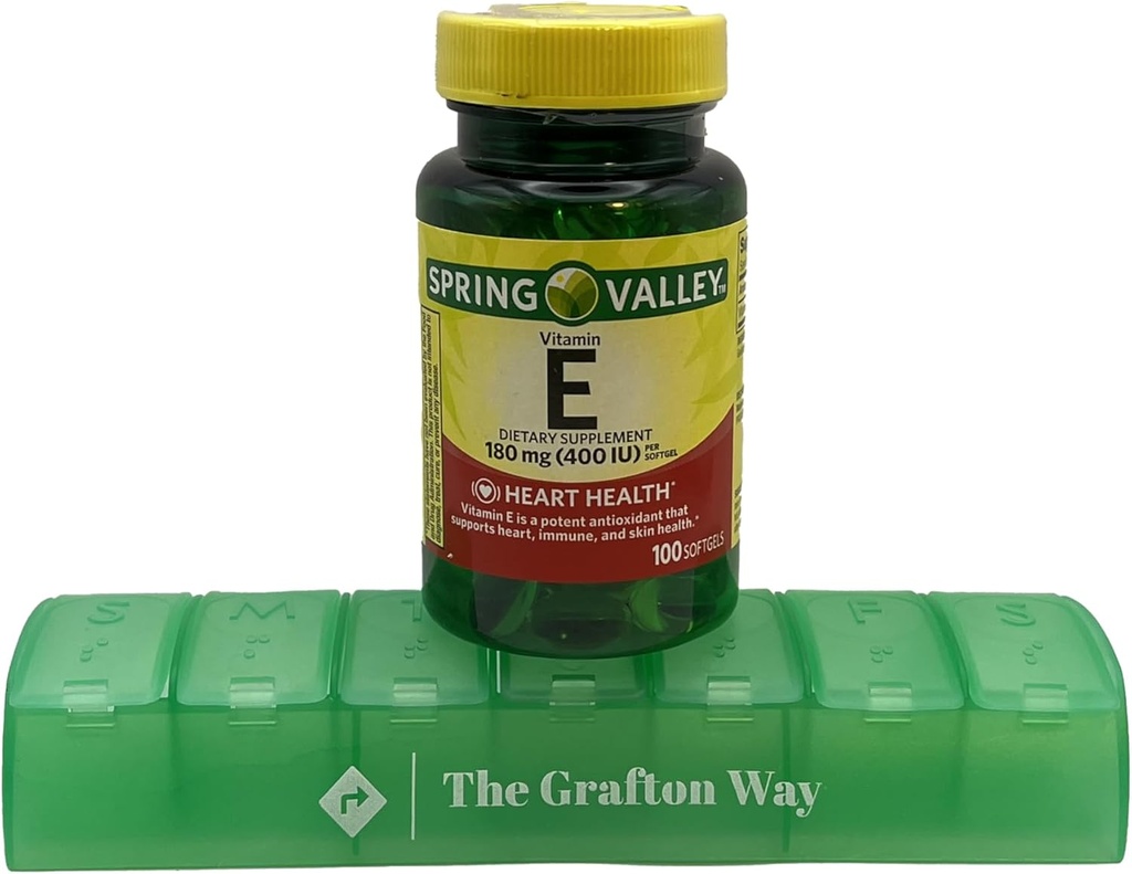 Suplemento dietético de la vitamina E de Spring Valley, 180 mg, 100 cuentan con organizador de la píldora de Grafton Complimentario