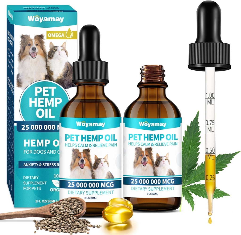 Aceite de cáñamo para perros y gatos - gotas de aceite de cáñamo Rico en Omega 3, 6, 9 y Extracto Orgánico ayuda a mascotas con Аnxiеty, Pаin, Strеs, Slеееp, Аrthritis, Sеizures Rеlief, Mascotas Calming Treat-2 Pack