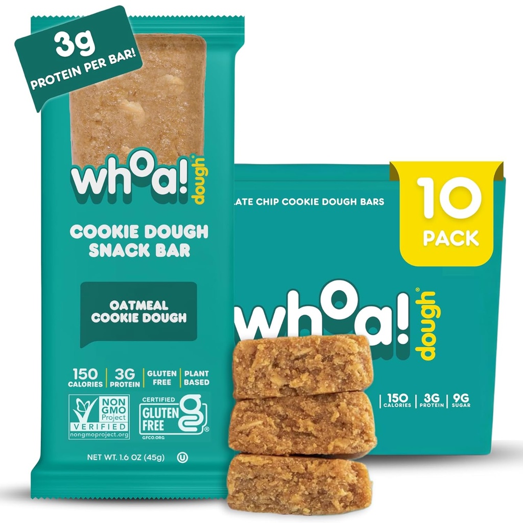 Whoa Dough Bares de masa de galletas- Certified Non-GMO, Kosher y Gluten Bares Gratis - Alimentos de Snack saludables - Snack con base vegetal hechos con ingredientes reales - Oatmeal Cookie Dough - 10 Pack