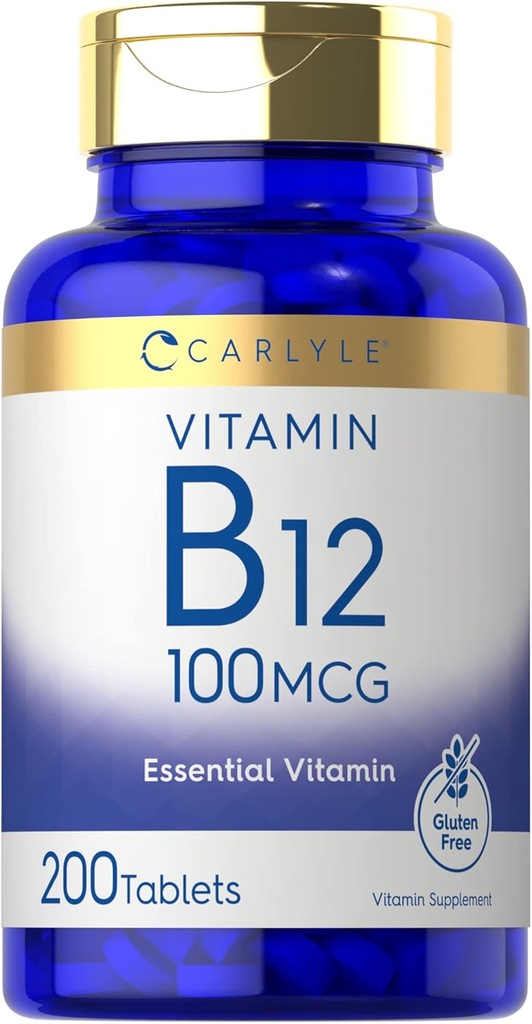 Carlyle Vitamina B12 100mcg ← 200 Tablets ← Suplemento de vitamina esencial ← Vegan, No GMO y Fórmula libre de gluten
