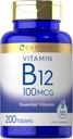Carlyle Vitamina B12 100mcg ← 200 Tablets ← Suplemento de vitamina esencial ← Vegan, No GMO y Fórmula libre de gluten